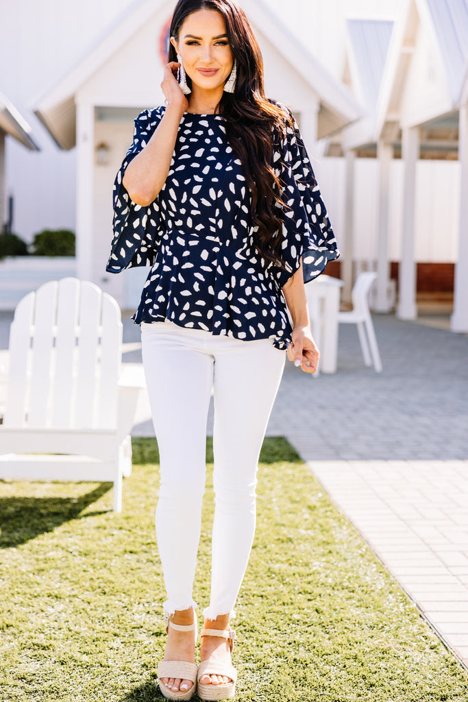 Navy Blue Printed Peplum Top - Ready to Ship main image 1
