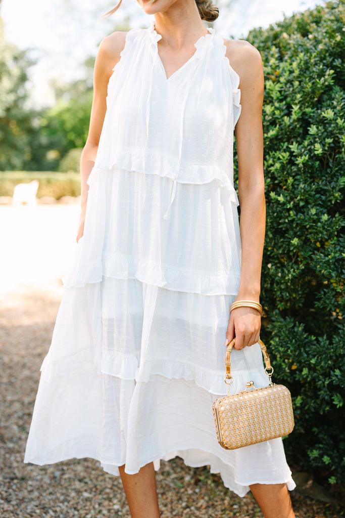 Pursue Perfection White Ruffled Midi Dress, Large - The Mint Julep Boutique