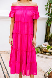 pink ruffled midi dress