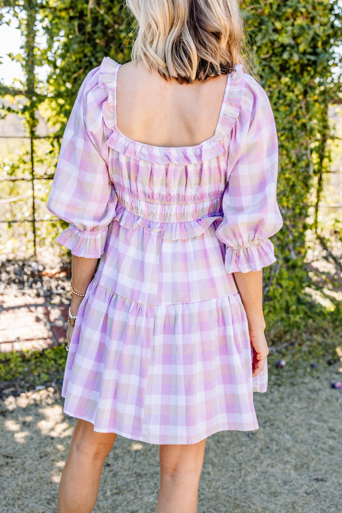 Empire Waist Mini Dress in Purple Gingham