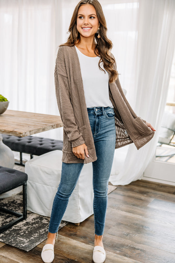 cable knit brown cardigan