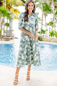 Tiered Midi Dress Palm Print Dress Collared Neckline Dress Half Puff Sleeves Summer Fashion