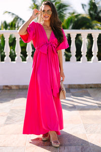 Keep It Up Fuchsia Pink Puff Sleeve Maxi Dress