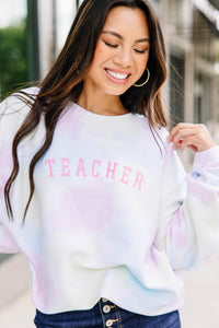 Teacher Pink Tie Dye Corded Embroidered Sweatshirt