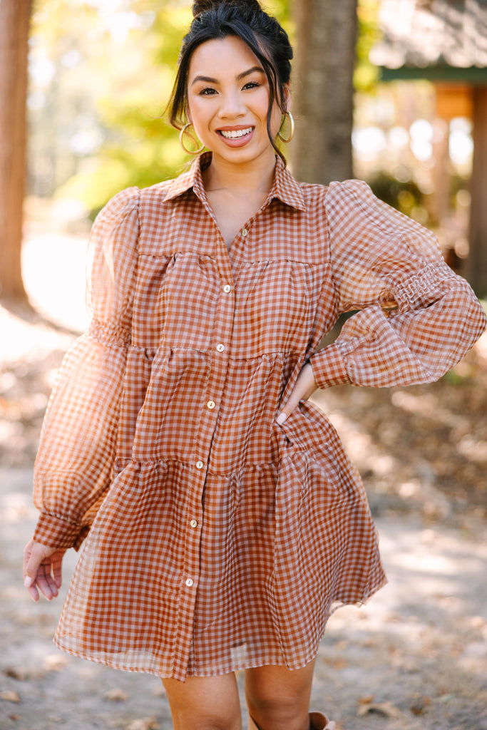 Take The Leap Butterscotch Brown Plaid Dress, X-Large - The Mint Julep Boutique