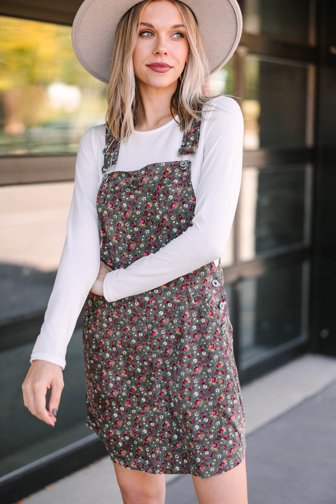 No Surprise Here Olive Green Ditsy Floral Overall Dress – Shop the Mint