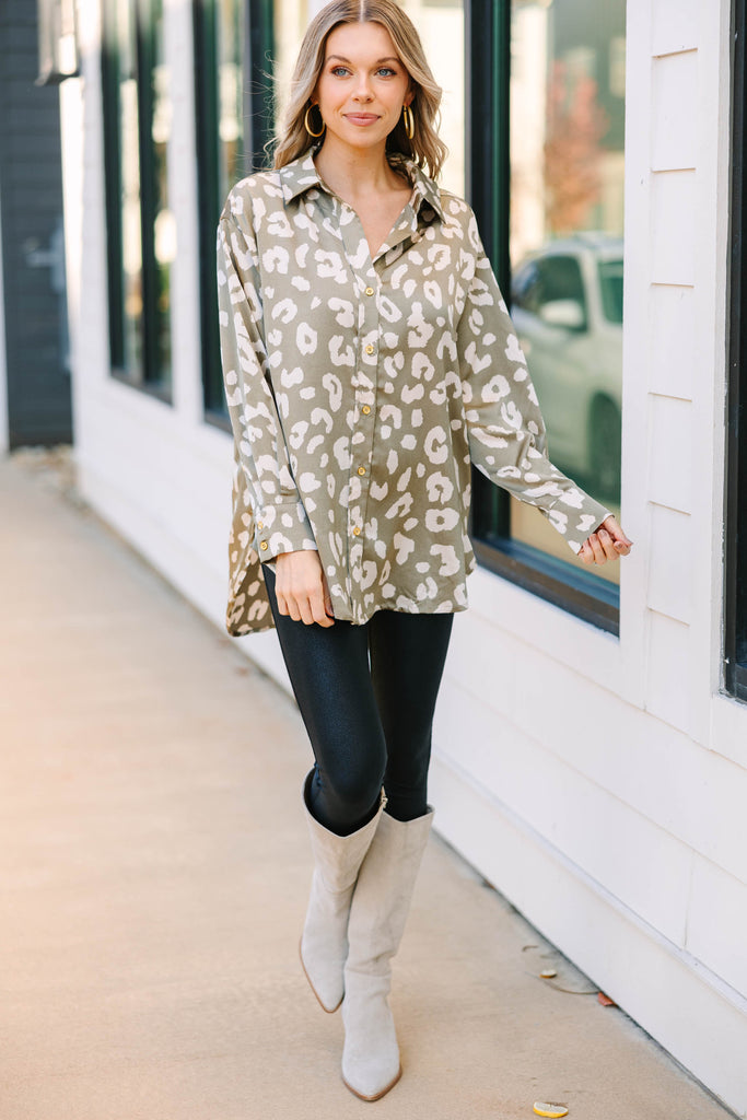 Wild Ways Sage Green Leopard Satin Blouse