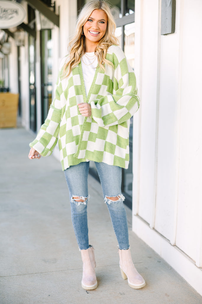 That's Life Sage Green Checkered Cardigan