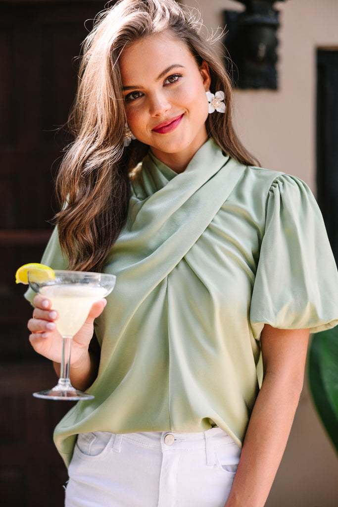 Satin blouse made from pure silk in sage