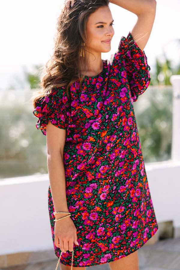What A Vision Black Ditsy Floral Ruffled Dress