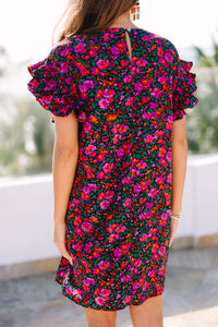 What A Vision Black Ditsy Floral Ruffled Dress