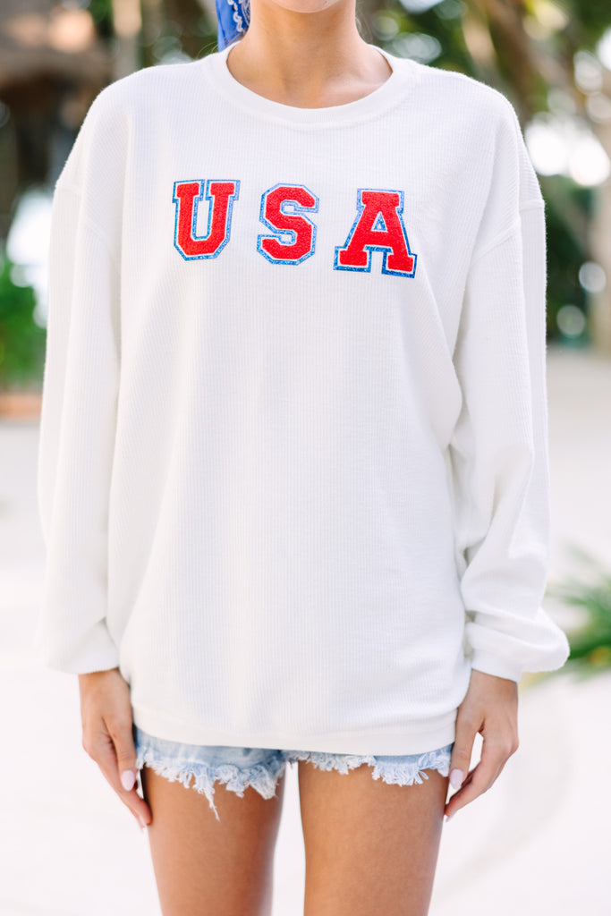 USA Patriotic White Varsity Corded Sweatshirt – Shop the Mint
