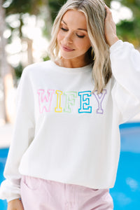 Wifey White Rainbow Embroidered Corded Sweatshirt