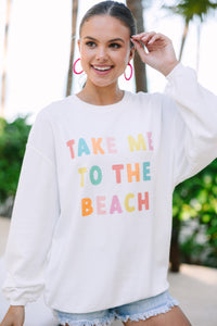 To The Beach White Graphic Corded Sweatshirt