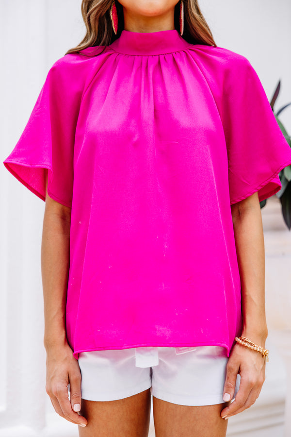 Tell Your Truth Fuchsia Pink Mock Neck Blouse