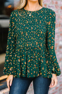 Getting Close Hunter Green Ditsy Floral Blouse