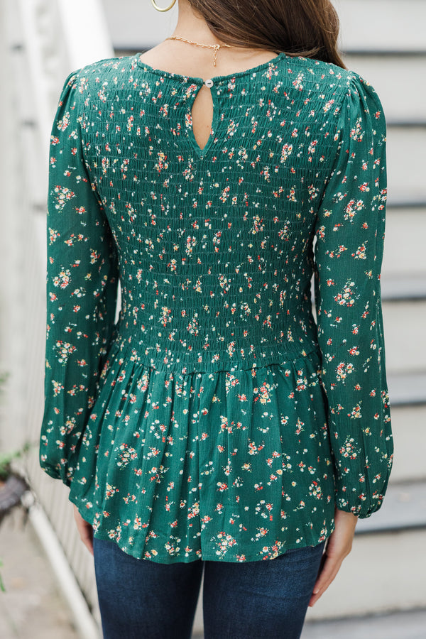 Getting Close Hunter Green Ditsy Floral Blouse