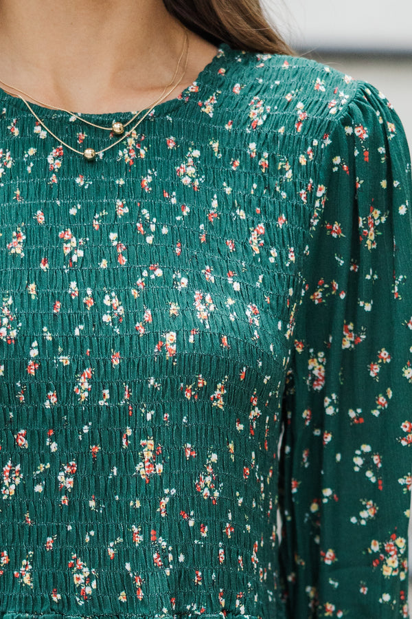 Getting Close Hunter Green Ditsy Floral Blouse