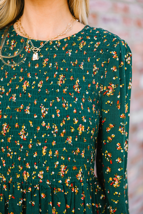 Getting Close Hunter Green Ditsy Floral Blouse
