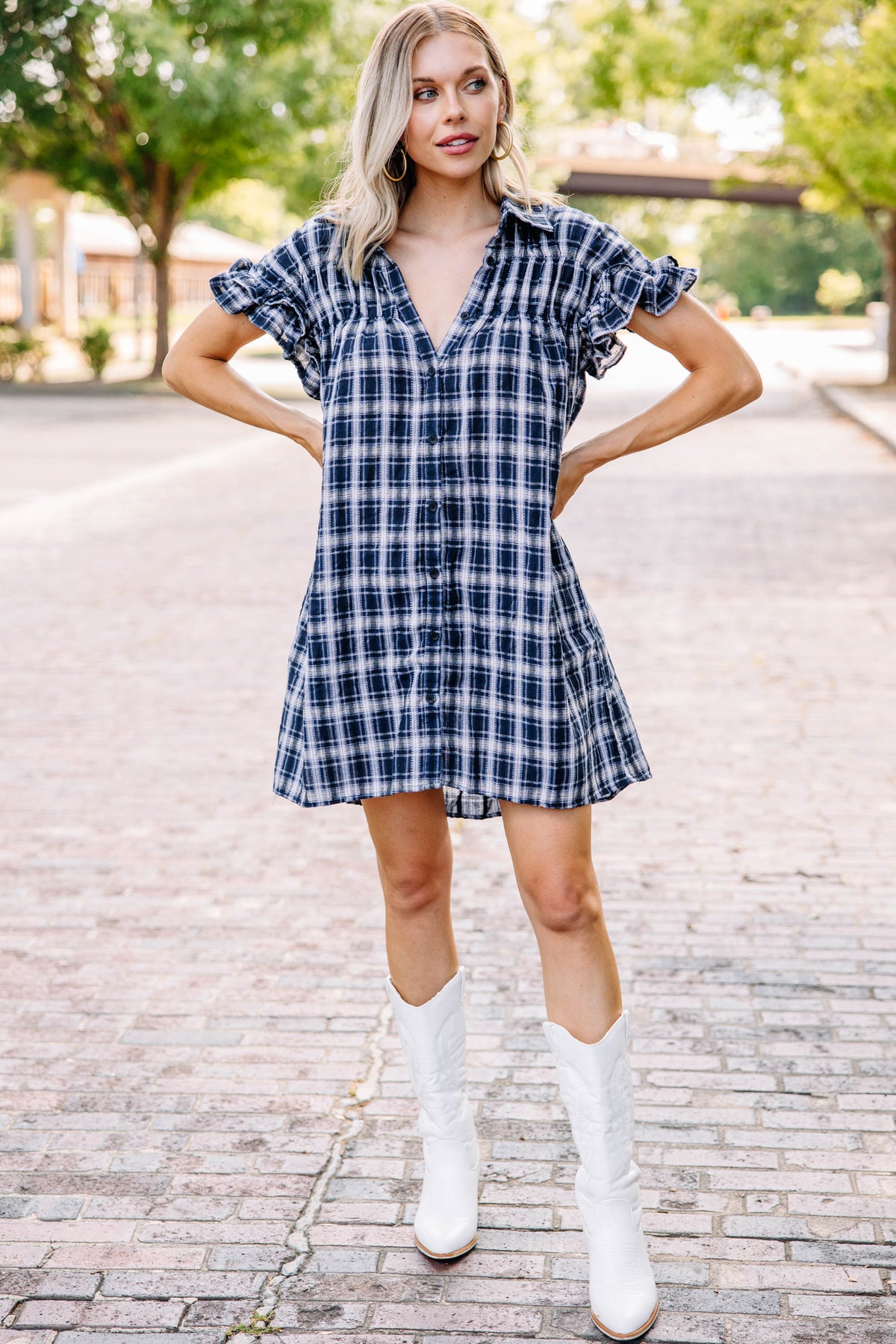 新品タグ付き　Checked Shirt Mini Dress　S Sweet Aspirations Navy Blue Plaid Dress – Shop the Mint