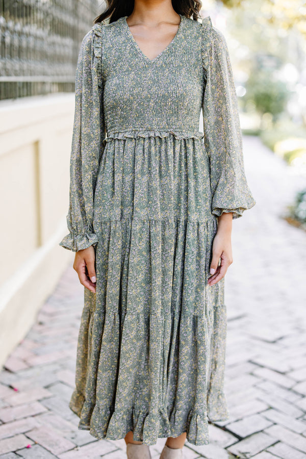 Out In The World Dark Sage Green Ditsy Floral Midi Dress