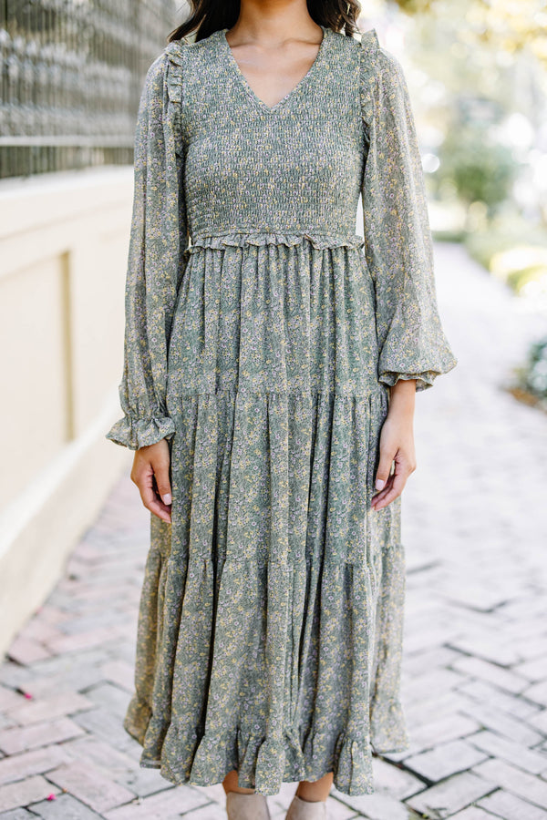 Feminine Dark Sage Green Ditsy Floral Midi Dress Shop the Mint Feminine Dark Sage Green Ditsy Floral Midi Dress Shop the Mint