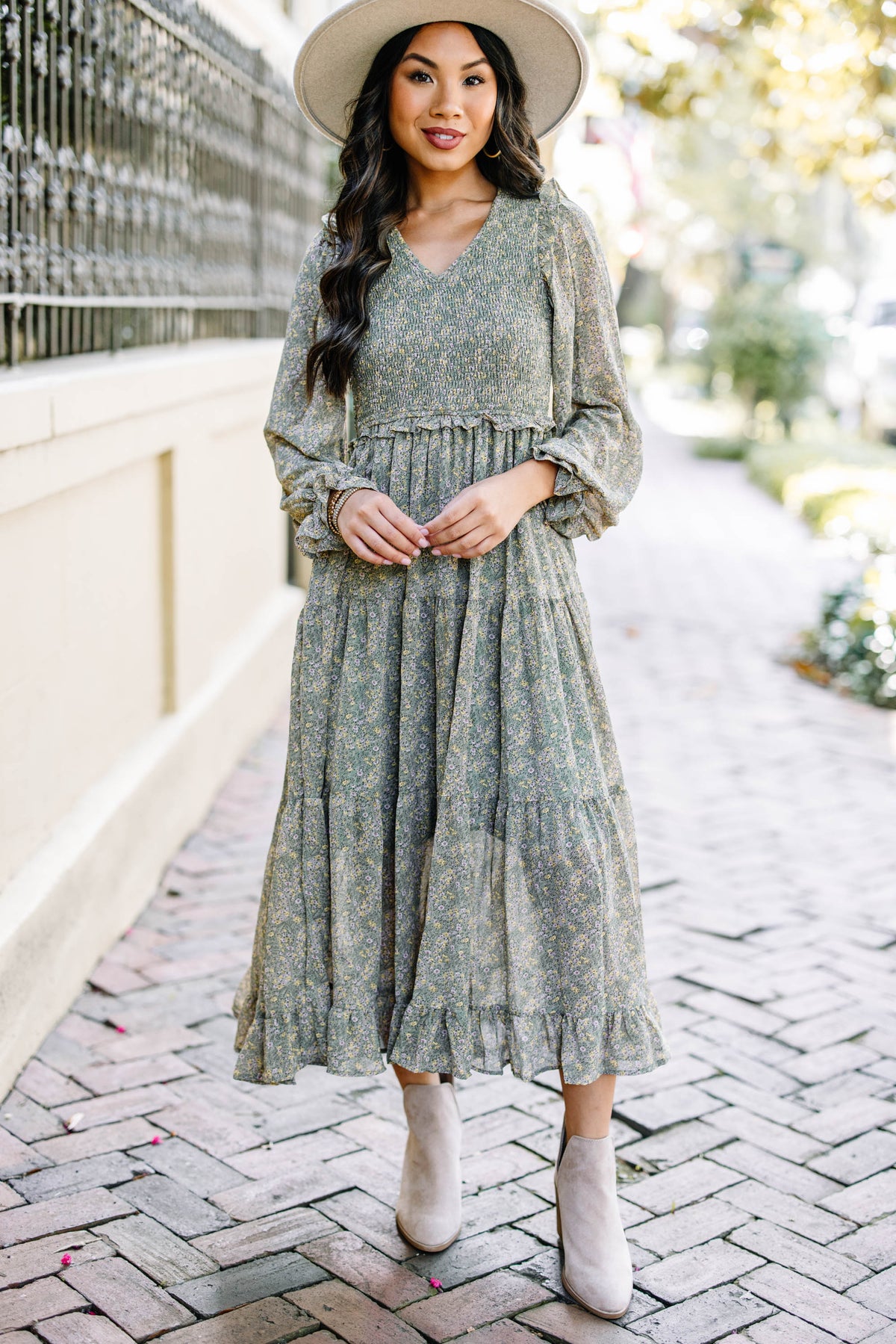 Feminine Dark Sage Green Ditsy Floral Midi Dress Shop the Mint Feminine Dark Sage Green Ditsy Floral Midi Dress Shop the Mint