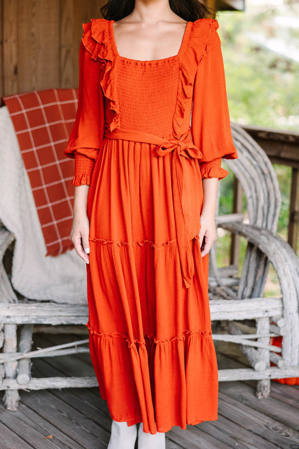 Chic Rust Orange Ruffled Midi Dress - Fall Dresses Shop the Mint Chic Rust Orange Ruffled Midi Dress - Fall Dresses Shop the Mint