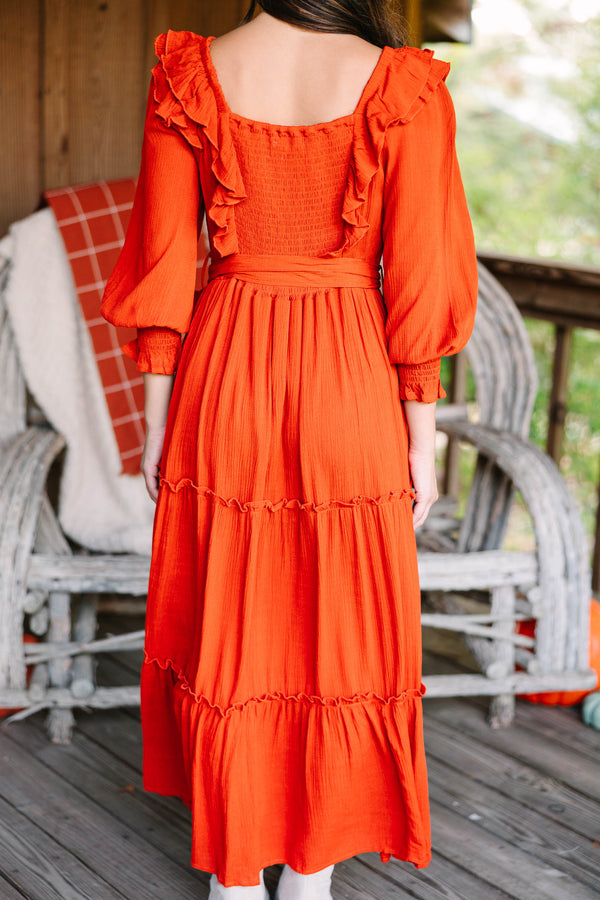 Chic Rust Orange Ruffled Midi Dress - Fall Dresses – Shop the Mint