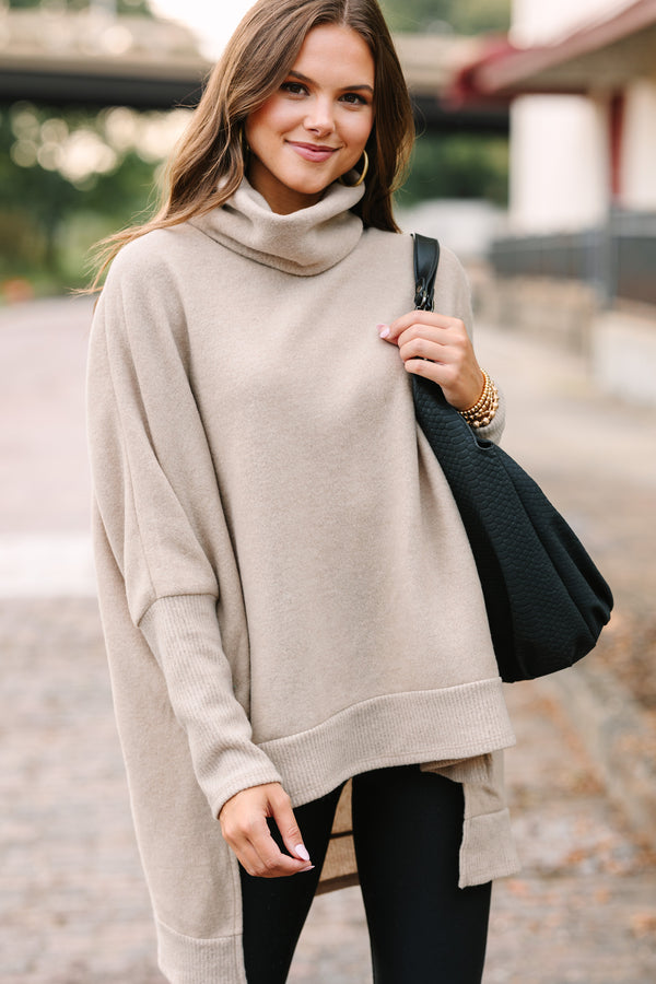 Women's Beige Cowl-neck Sweater, Dark Brown Leggings, Dark Brown