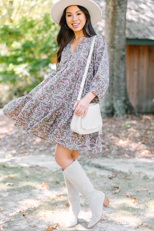 Can't Be Outdone Gray Ditsy Floral Dress