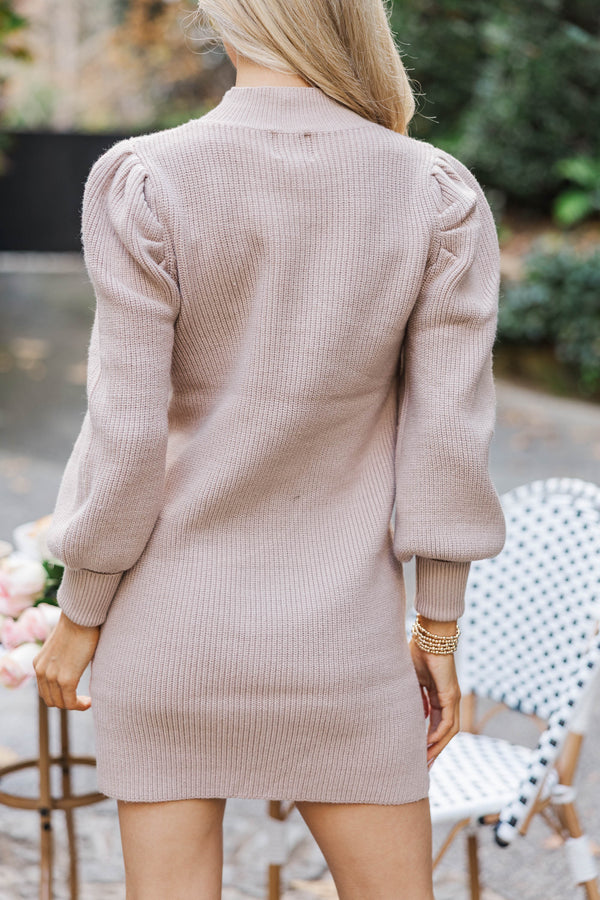 Tell You Everything Taupe Brown Ribbed Sweater Dress