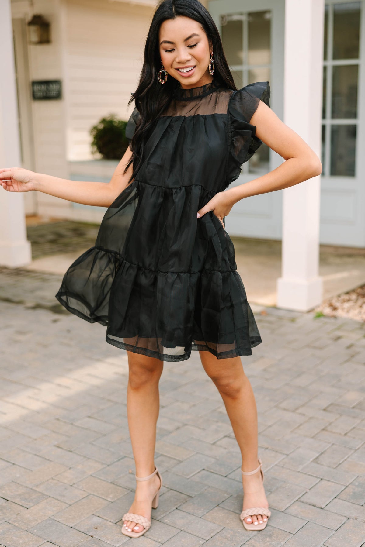 black dress with ruffle sleeves Pearl Ruffle Strap Mini Dress Black L