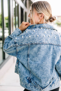 Sassy Medium Wash Embellished Denim Jacket - Boutique Outerwear – Shop ...