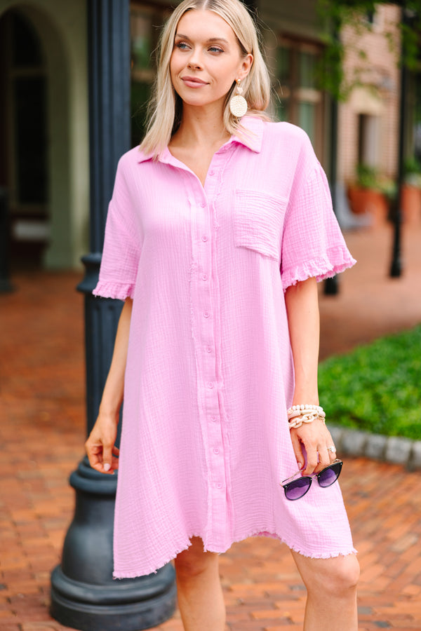 Breezy Bubble Gum Pink Button Down Dress - Casual Spring Dresses