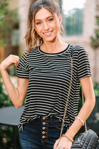 Let's Meet Later Black Striped Top
