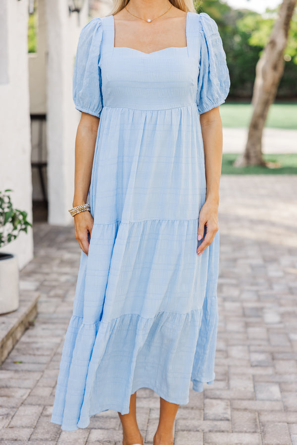 whats happening midi dress sky blue Emily Wrapped Waist Midi Dress / Sky Blue | MESHKI