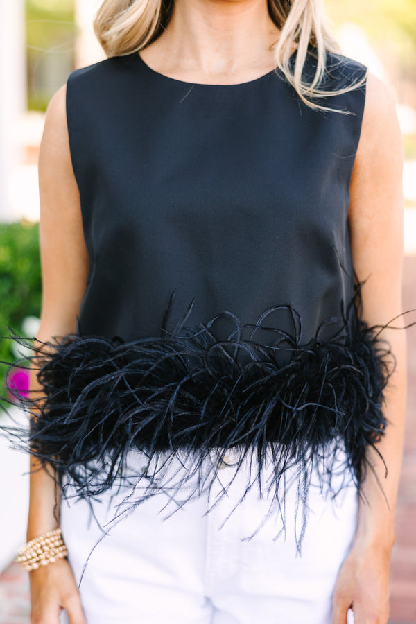 Double Take Feather Trim Top, Black Small