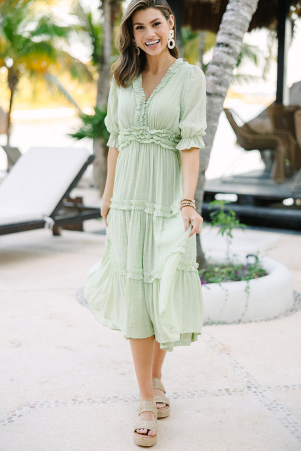 Living In A Dream Melon Green Ruffled Midi Dress