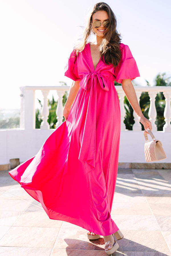 Keep It Up Fuchsia Pink Puff Sleeve Maxi Dress