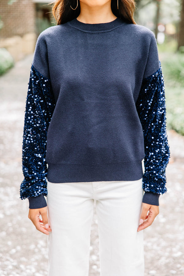 Don't Think Twice Navy Blue Sequin Sweater