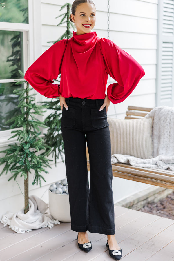 red dress blouse Women's First Class Flirt Red Scalloped Hem Top Shirt | Size: L