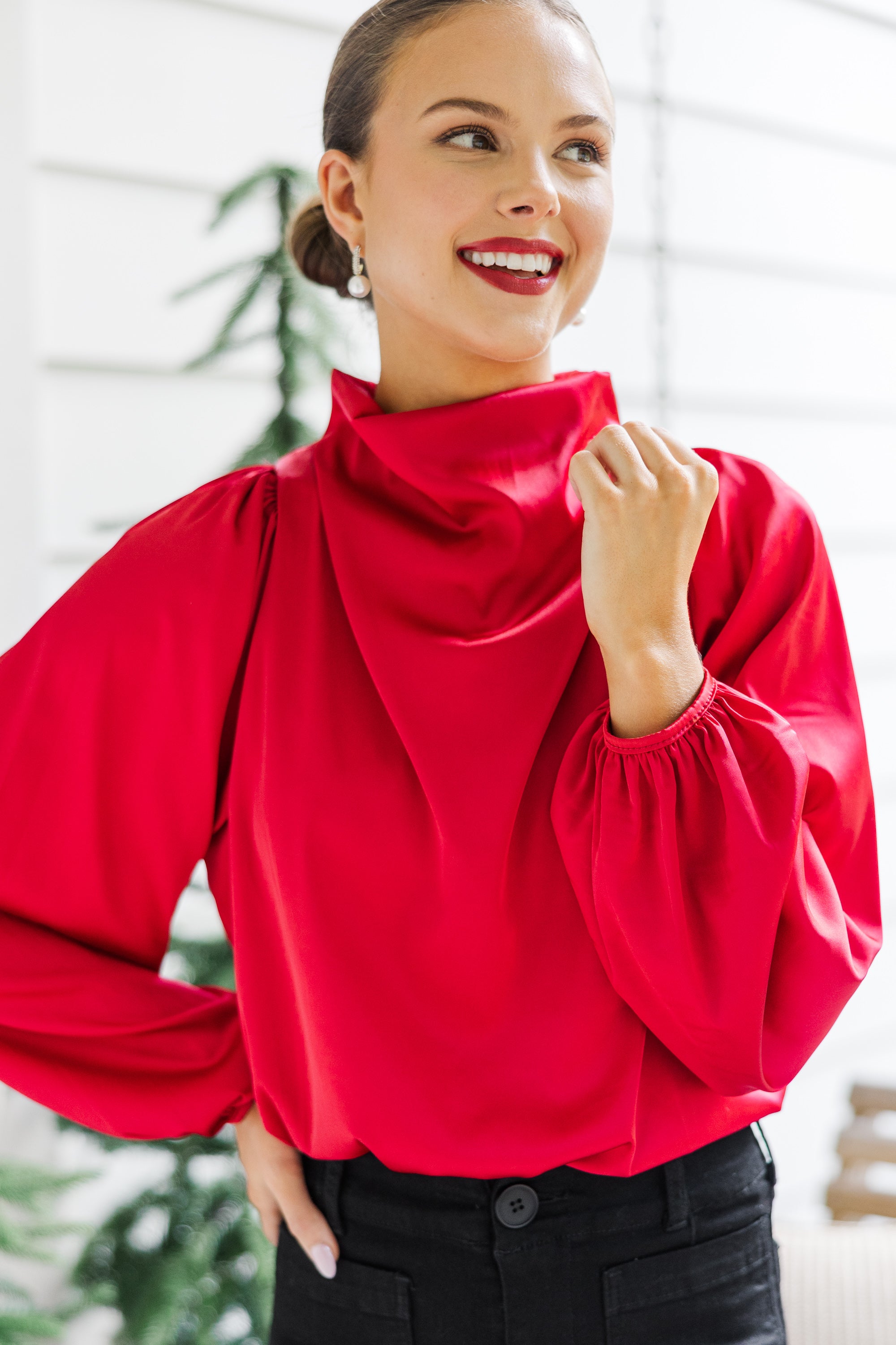 satin blouse red