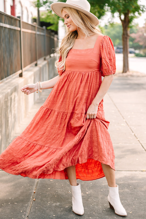 Think About It Rust Orange Midi Dress Shop the Mint Think About It Rust Orange Midi Dress Shop the Mint