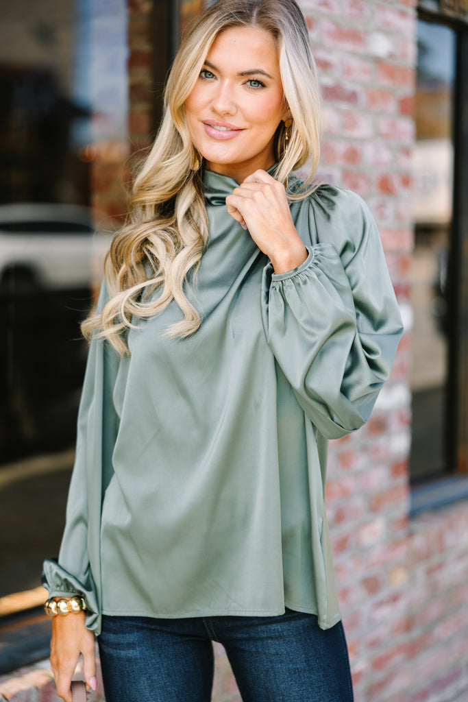 Embrace The Joy Light Olive Green Satin Blouse – Shop the Mint