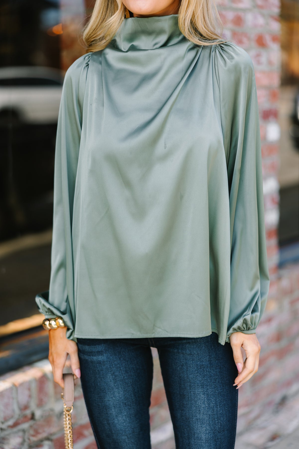 Embrace The Joy Light Olive Green Satin Blouse – Shop the Mint