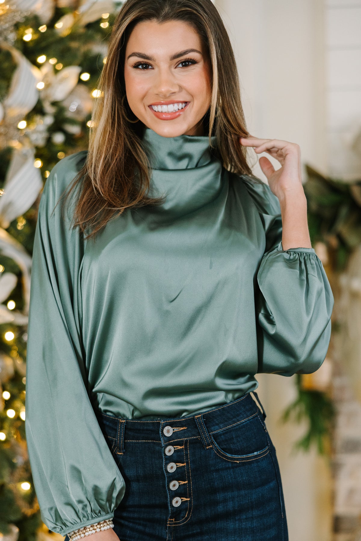 Embrace The Joy Light Olive Green Satin Blouse – Shop the Mint