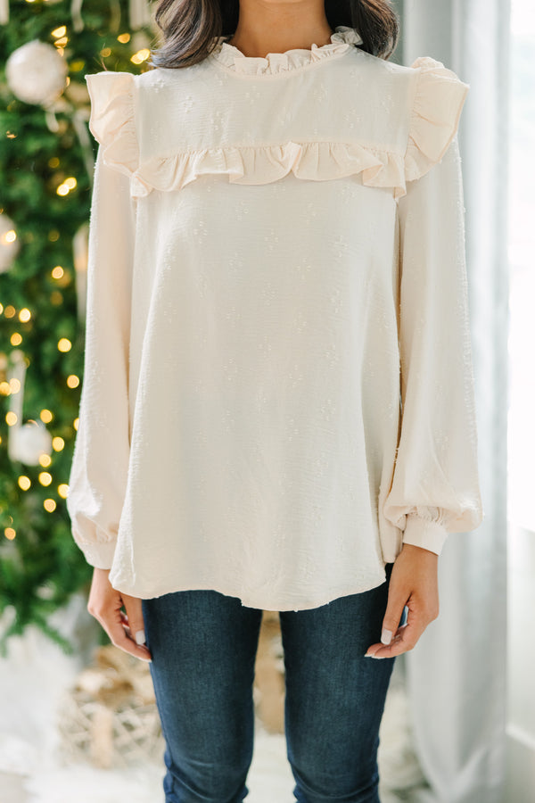 Romantic History Light Taupe Brown Ruffled Blouse