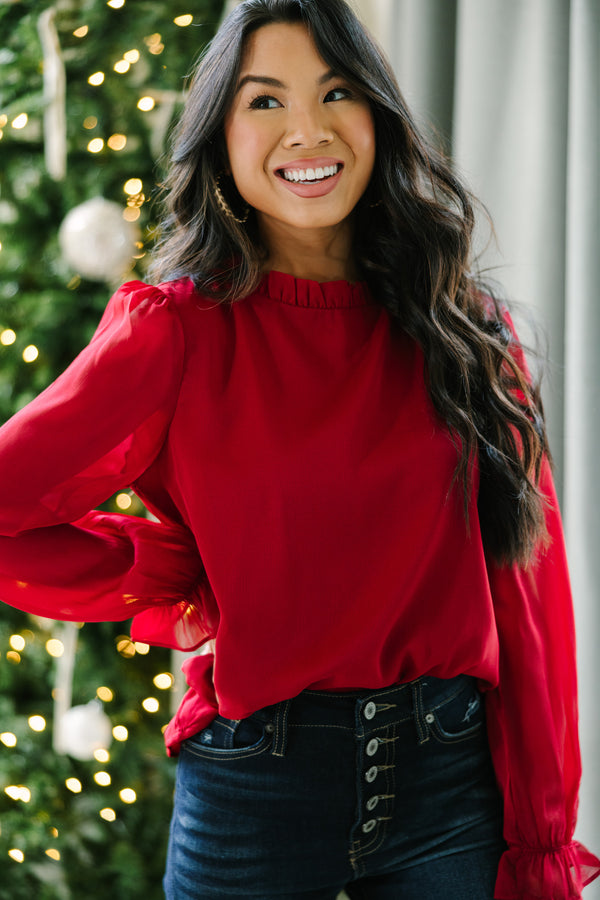 red blouses, holiday blouses, ruffled blouse
