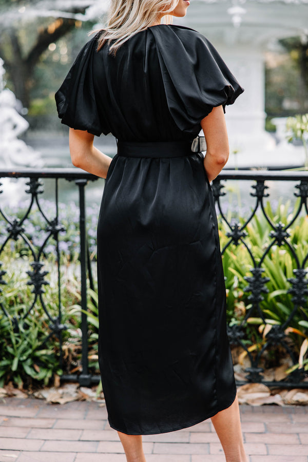 Get What You Want Black Satin Midi Dress